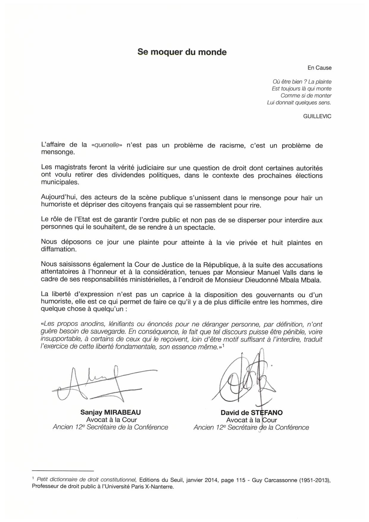 Communiqué des avocats de Dieudonné