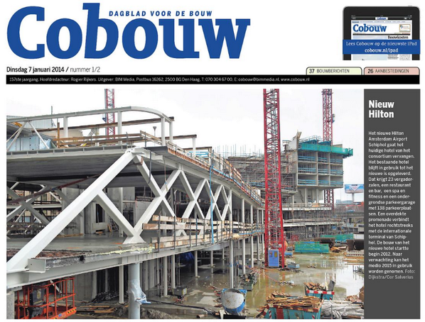 Nieuw te bouwen Hilton Hotel te Schiphol op de voorpagina van de <a href="/CobouwNL/">Cobouw</a> Rollecate levert de gehele gevel! #trots