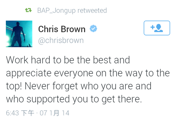 BAP_Vault's tweet photo. [!!] Jongup rt a tweet from Chris Brown http://t.co/tJyqpASCgo