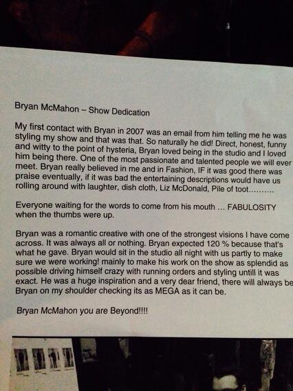 The <a href="/JamesLongLondon/">James Long</a> show dedication to <a href="/BrambleMcMahon/">Bryan McMahon</a> xx