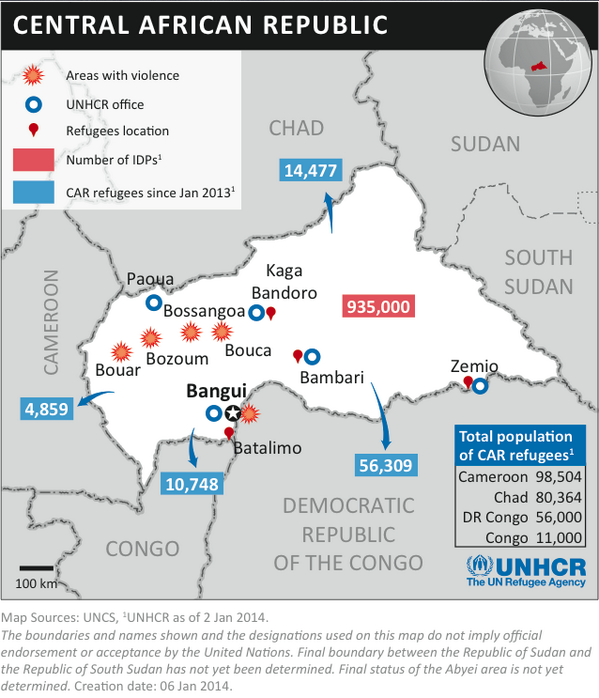 UN's tweet photo. This @Refugees infographic shows where 75,000 people fleeing #CARcrisis are going. http://t.co/Zrgz0lfXu1 More info: http://t.co/WgKlR8kV8z
