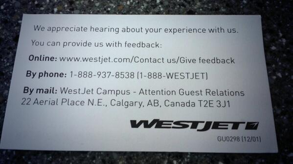 TheSashmo's tweet photo. @WestJet Handing out these didn't help. Not impressed.......... RT to let @WestJet  know they did a poor job. http://t.co/JR0F3EKw5g