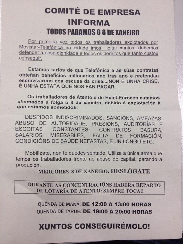 ComiteAtentoCor's tweet photo. Comunicado Comité Atento A Coruña.
Mañan Paramos tod@s. De 12 a 13 e 19 a 20. 
Polo dereito a un traballo digno(1/5) http://t.co/XCJC3FV5S5