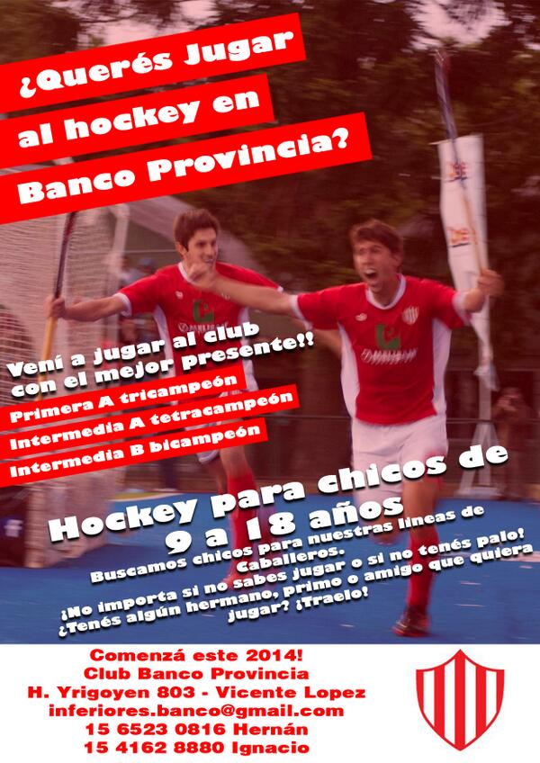 BancoprohockeyB's tweet photo. ¿Querés jugar al hockey en Banco Provincia? @bancoprovhockey @Mativila  @colo12 @delfinamerino @aldutortorelli http://t.co/CIACQvEo84