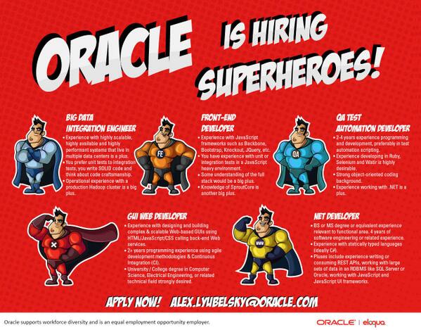 Oracle's tweet photo. Oracle is hiring! Are you our next superhero? #BigData #Java http://t.co/TLu5VUd1Ey