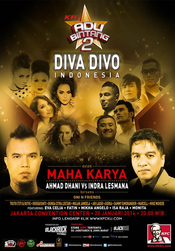 dr_tix's tweet photo. Diva Vs Divo Indonesia #KFCAduBintang2 di JCC, 20 Januari 2014. Dapatkan tiketnya di http://t.co/YU39Dfsrai :) http://t.co/zrQqwqfErg