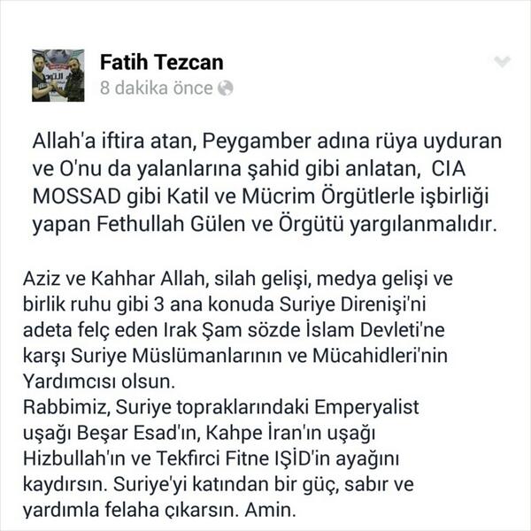 fatihtezcan's tweet photo. Türkiye'deki Fethullah Gülen ile Örgütü'ne ve Suriye'deki Tekfirci IŞİD Örgütü'ne karşı duruş ve duamız budur. http://t.co/jH9l04yAWg