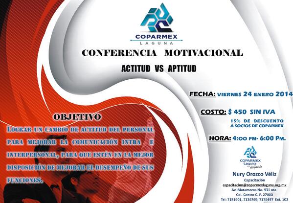 Los invitamos a la conferencia motivacional  " #Actitud VS #Aptitud "  #Empresas #Regionlagunaera