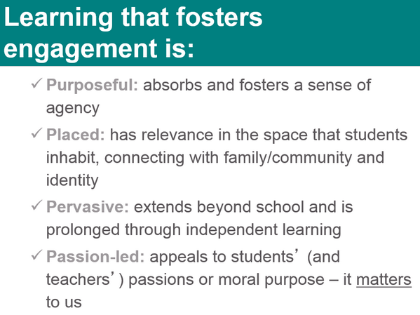 EmmmKat's tweet photo. RT @LFrontiers: Learning that fosters engagement is purposeful, placed, pervasive &amp; passion-led #learningfrontiers http://t.co/LcbZ3EchLC