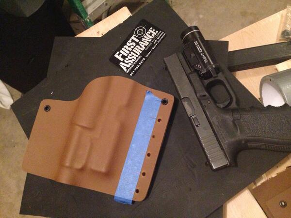 FA_Defense's tweet photo. #Kydex holster for Glock 19 with a TLR1 light mounted getting finished. Need a custom holster? Contact us for info. http://t.co/E1RGpBgIRU