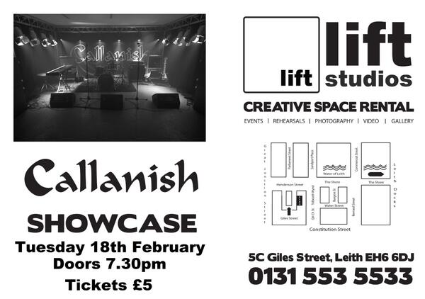 Callanish Music (@callanishmusic) on Twitter photo The next <a href="/CallanishMusic/">Callanish Music</a> showcase will be held on the 18th February at our studio in Leith, Giles St. Tickets ยฃ5 The next <a href="/CallanishMusic/">Callanish Music</a> showcase will be held on the 18th February at our studio in Leith, Giles St. Tickets ยฃ5