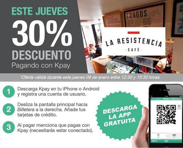 kuapay_mobile's tweet photo. Obtén un 30% de descuento pagando con #Kpay mañana jueves 09, en Café La Resistencia del @Drugstore_cl #Drugstore http://t.co/eQ7LYl3lUr