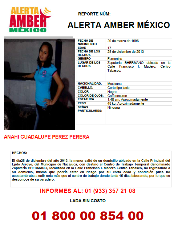 provictima's tweet photo. #AlertaAmber informa que Anahí Guadalupe Pérez Perera ya fue localizada. Se desactiva alerta. Gracias por difundir. http://t.co/1tAS4MI4fY