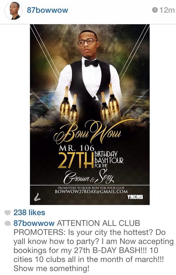 2FierceMedia's tweet photo. ATTN ALL CLUB PROMOTERS WORLDWIDE: @87BowWow BDay Bash Tour :: Accepting bookings NOW! #media #news http://t.co/U1QEazB0US