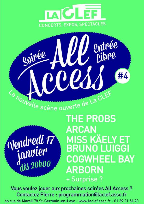 laclefstgermain's tweet photo. On vous attend nombreux au #AllAccess4 (gratuit) : Arcan, Arborn, @Miss_Kaely/Bruno Luiggi, Cogwheel Bay, @TheProbs http://t.co/kzwm0cMzUH
