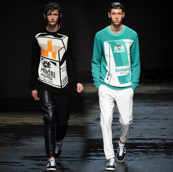 WyldeMagazine's tweet photo. Totally craving (geddit?) these ace Ciggie Jumpers by @shannonmenswear from today's LC:M show. http://t.co/PuFyOyVu4a
