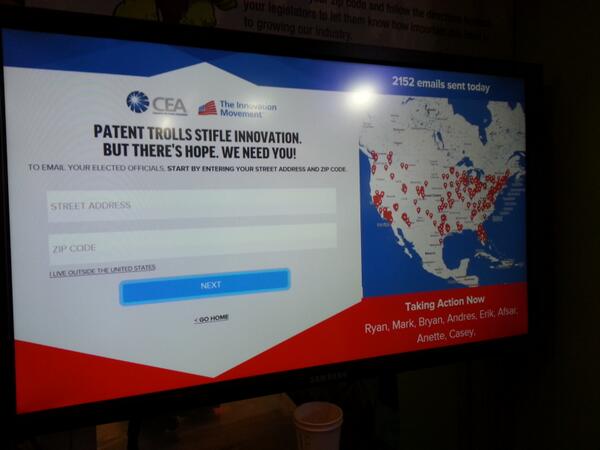GESconsultants's tweet photo. At the patent trolls booth at #CES2014 reach out to your sentors to do your part http://t.co/zjZ4cY11Bv