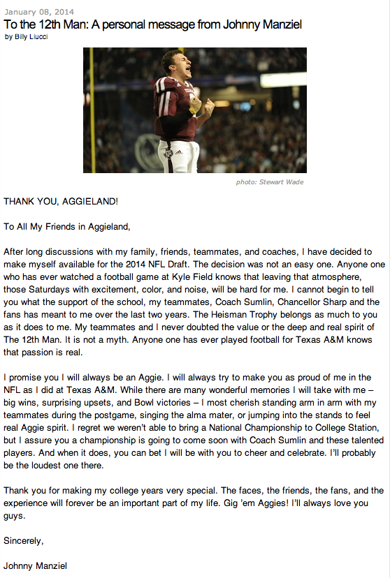SportsCenter's tweet photo. Johnny Manziel writes letter to Texas A&amp;M fans, thanking them for support. (via @TexAgs) http://t.co/fDmzqML2Mu