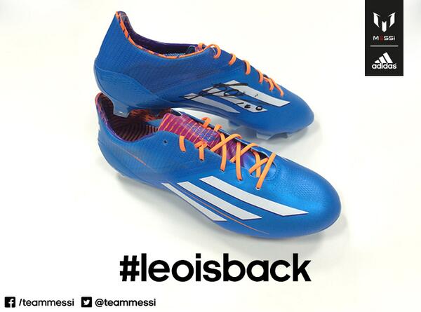 TeamMessi's tweet photo. RT and follow us for your chance to win these Samba adiZero F50 boots signed by Leo. #LEOISBACK http://t.co/lbrVJTvtuH