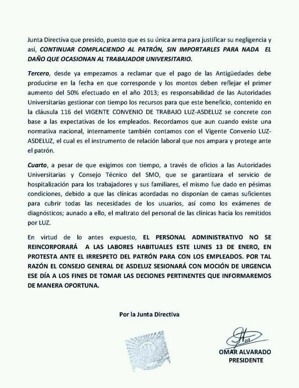 BOZOVISION's tweet photo. Comunicado del presidente de Asdeluz. Segunda parte. Personal administrativo no se reincorporan el día lunes. http://t.co/I5p5mHw2tP