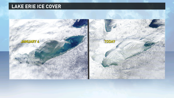 wkyc's tweet photo. Here is the side-by-side comparison @BetsyKling showed on the 6PM News of Lake Erie before and after #DeepFreeze14 http://t.co/YtE9owFsE0