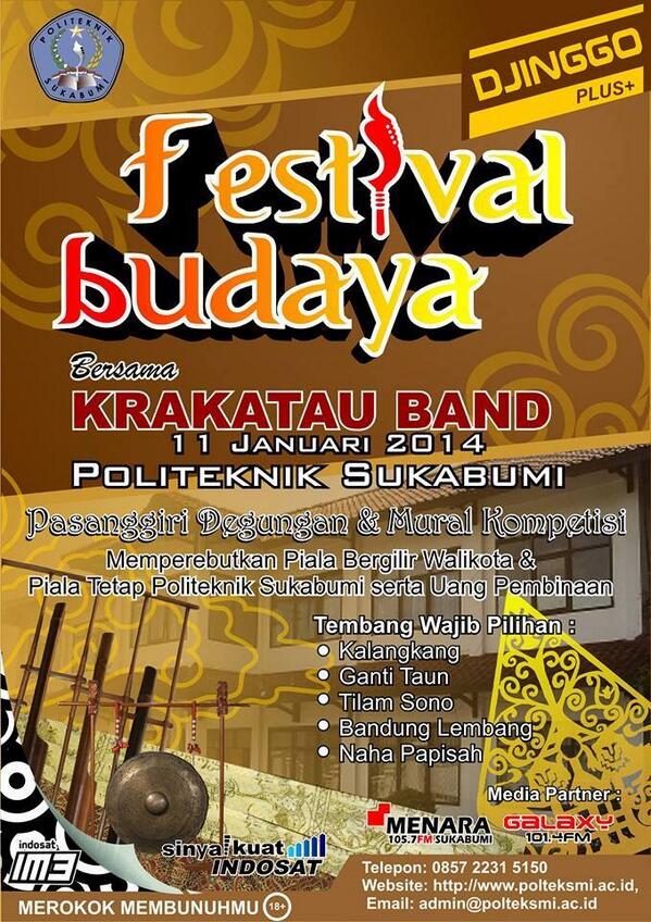 sukabumitoday's tweet photo. #EventSMI via @PFest2014 | warga sukabumi jangan lupa dateng ke festival budaya bersama krakatau, 11 januari 2014 http://t.co/Yc7DdIwxjN