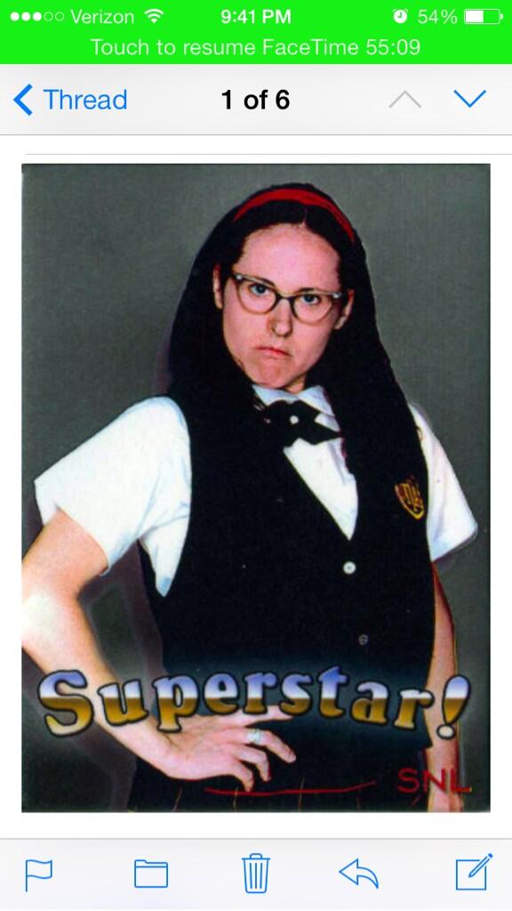 “<a href="/iameauclaire/">EAU C L A I R E</a>: This is how my sis sends me support <a href="/briolio/">brodi</a> #superstar #mollyshannon #snl ”. Got your back sis ;)