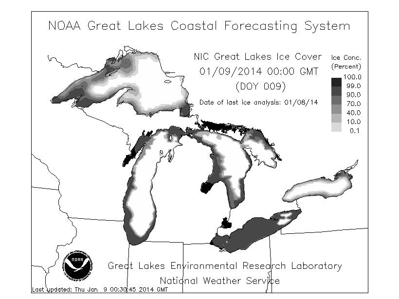 Estimación del NOAA el 09-01-2014 del nivel de congelación de los Grandes Lagos