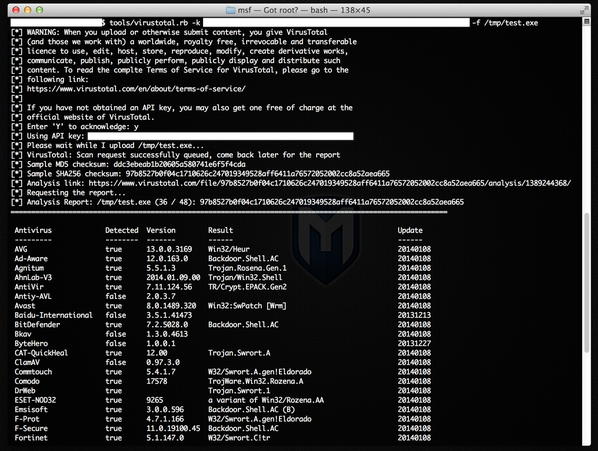 _sinn3r's tweet image. #Metasploit is adding support for VirusTotal as a standalone and post module. Stay tuned.