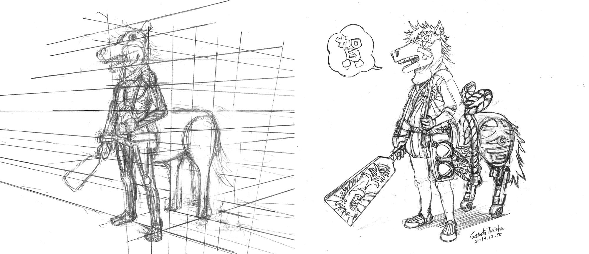 とみおかさとし 先日アップしたイラストの下絵と下絵の下絵です 画力に自信がないのでパース線を描き 骨を描き 筋肉を描き 下絵の 下絵が完成です その後にトレース台の上で紙を重ねて下絵を描きます Http T Co 2amziot8or Twitter