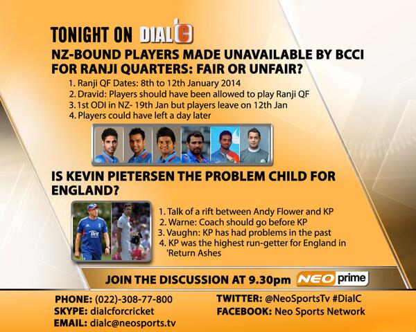 iamdarth007's tweet photo. join @MikkhailVaswani on #DialC for #Cricket 9.30pm NZ-BOUND PLAYERS UNAVAILABLE FOR RANJI QF,YOUR THOUGHTS? See Link http://t.co/aF9SwjbBIc