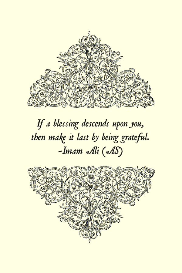 ImamAli_12's tweet photo. "If a blessing descends upon you, then make it last by being grateful." -Imam Ali (AS)
#ImamAli http://t.co/NjoOg5u9bk