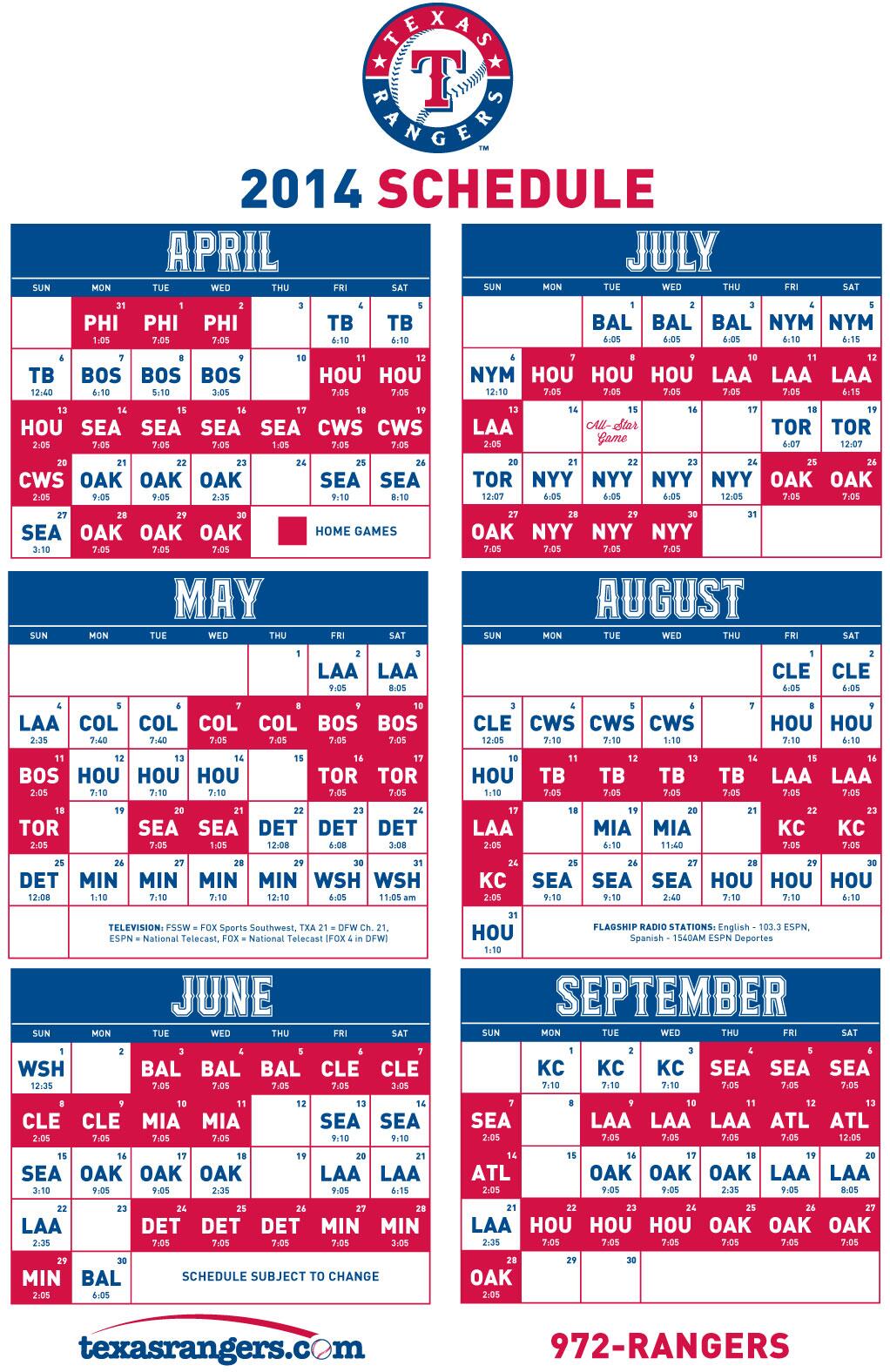 Texas Rangers Schedule 2022 Texas Rangers On Twitter: "2014 Texas Rangers Schedule With Game Times Is  Now Available. Tell Us What Games You Plan To Come To This Season.  Http://T.co/J9Rfv9Kovg" / Twitter