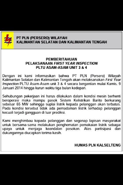 #Info Pemberitahuan Pelaksanaan First Year Inspection PLTU Asam-Asam Unit 3 &amp; 4