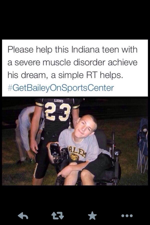 So_IN_Gal's tweet photo. @therealtobymac can you please help us out with making his dream come true with a RT! #GetBaileyOnSportsCenter http://t.co/A5DOQwGsy1