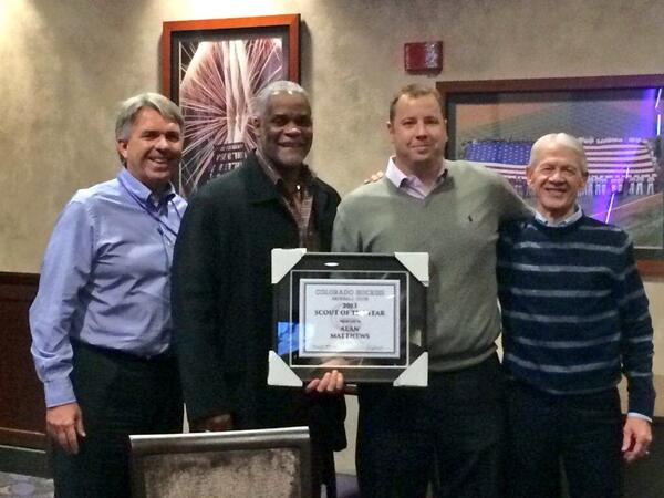 Rockies's tweet photo. Last night 4 #Rockies scouts were honored for their contributions in 2013. Alan Matthews (middle right) was one... http://t.co/GfinpGeNot