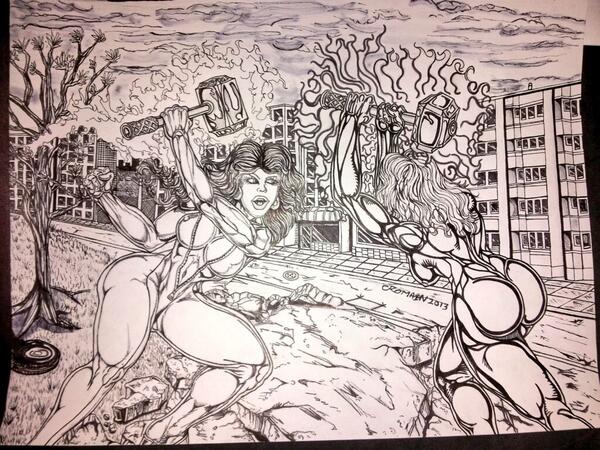 mrseptember10's tweet photo. PINK HAMMER VS DARK HAMMER
CLEMENT ROMAIN: pencils and inks.     Hope to have a color version soon. http://t.co/lvzADrnNaX