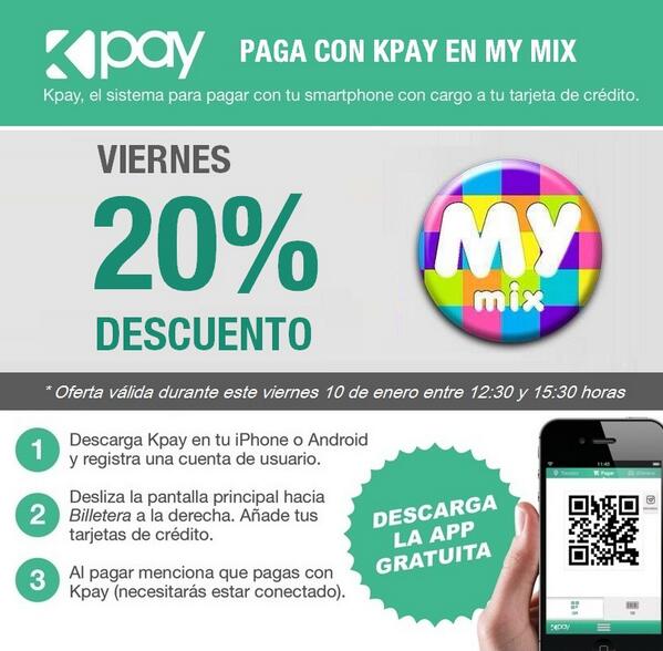 kuapay_mobile's tweet photo. MAÑANA: Obtén un 20% dcto pagando con tu móvil usando #Kpay en @MyMix ubicado en @Drugstore_cl de 12:30 a 15:30 hrs http://t.co/hFATfVihrV