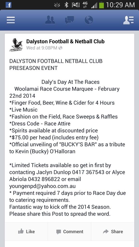 DalystonFNC's tweet photo. Preseason footy club event... Day at Woolami picnics Feb 22 #willbeawesome #nottobemissed #giddyup http://t.co/NCEeE6EIya