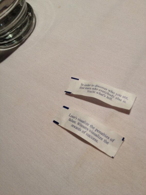 shana_m's tweet photo. Seriously? How did the fortune cookies know what we were talking about at dinner, and why are they so mean? http://t.co/qNtmHxt4R3