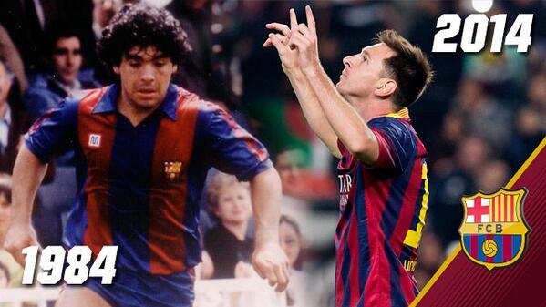 PenyaIndoBarca's tweet photo. 30 thn yg lalu, Maradona kmbli stlh cedera &amp; m'cetak brace di Camp Nou, adlah hal yg sm dlkukan Messi (vs Getafe). http://t.co/F83lM9ZSZw