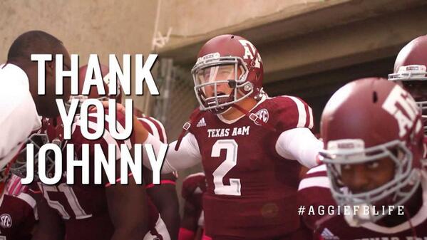 BleacherReport's tweet photo. Texas A&amp;M released a video thanking Johnny Manziel for his play for the Aggies. http://t.co/tfgxJ0d8CK http://t.co/LP8YKYT4pr