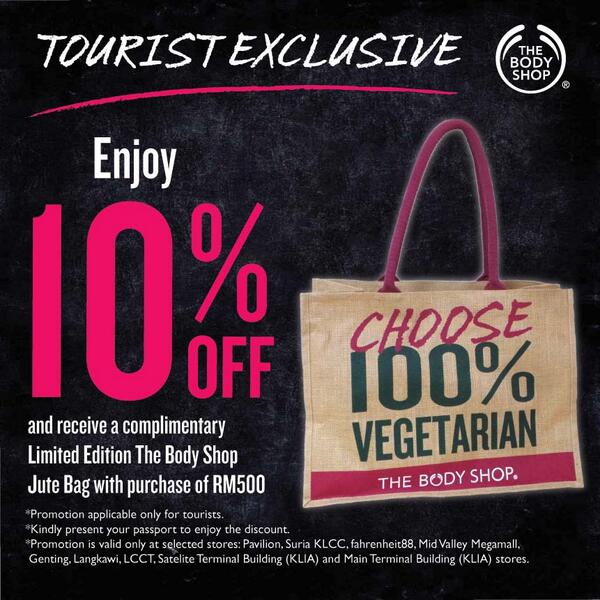 BBKLCC's tweet photo. TOURIST EXCLUSIVE: Enjoy 10% off and receive a complimentary @TheBodyShop_MY Jute Bag with purchase of RM500 http://t.co/EWkmWU2oGf
