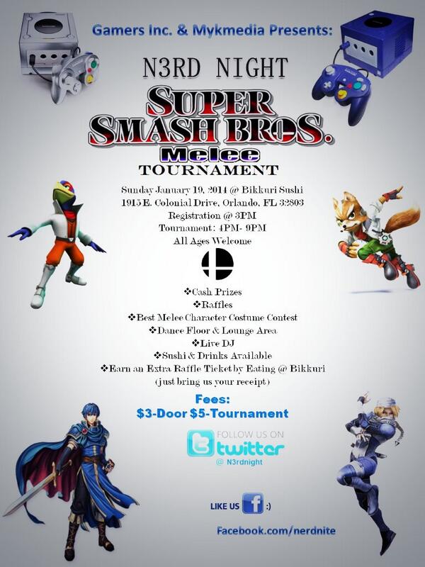 GamersOrlando's tweet photo. Don't forget our SSB Melee tourney on Sun. 1/19 at Bikkuri Sushi. Registration is from 3pm-4pm. Be there! @N3RDNIGHT http://t.co/ZujiU09Yar