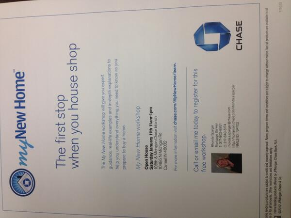 Graceindy's tweet photo. Please join @CarlaIndy2 for a home buyer's open house @Chase bank in Carmel Saturday 11am-1pm! Refreshments! http://t.co/0PjJi4qMF0