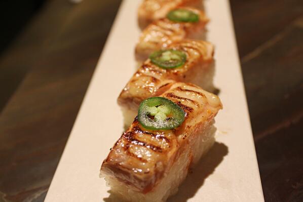 JaBistro222's tweet photo. perfect "aburi" salmon oshi sushi @jabistro222 #jabistro #foodporn #sushi #sashimi #aburi #salmon #toronto #chef http://t.co/XWG1EFwjHg