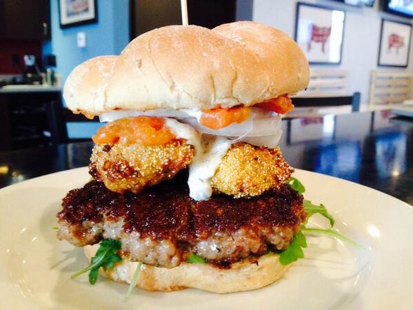 Today's Daily, the Bay City.  Our house Grind patty, 2 Fried Oysters, Remoulade, Arugula, Onion &amp; Tomato Confit