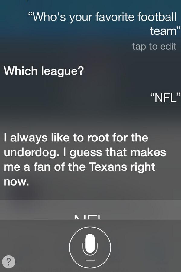 EvilBillObrien's tweet photo. We got SIRI on our side, and that's all that matters @HoustonTexans http://t.co/7d3ezNz9dc