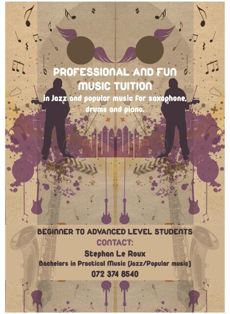 If you want to start playing saxophone, piano, guitar or drums, contact Stephan. <a href="/stephanlr_muso/">Stephan Le Roux</a>