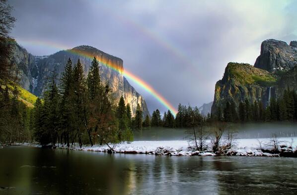 Interior's tweet image. Rainbow + snow + @YosemiteNPS = this amazing photo. #California #nature